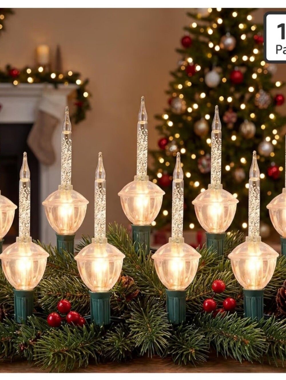 Christmas Clear Bubble Lights - 9 count on string + extra bulb - Silver Glitter